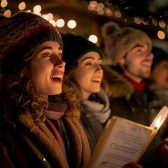 Joyful group of carolers singing in the holiday season, illuminated by festive lights and holding candles.