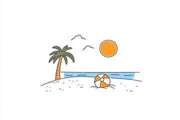 A simple illustration of a tropical beach with a palm tree, sun, waves, and a beach ball on the sand.