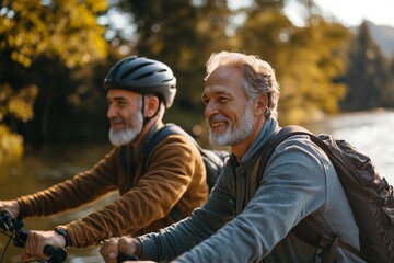 Happy athletic man enjoys in cycling with his senior father by the river. Copy space, Generative AI