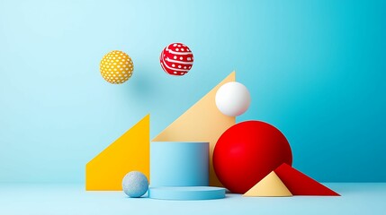 Poster - A colorful arrangement of geometric shapes and spheres against a blue background, creating a playful and modern aesthetic.