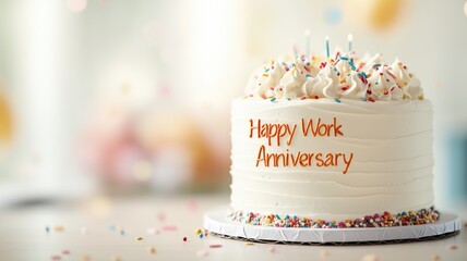 a beautifully decorated cake with colorful sprinkles and a message saying 'happy work anniversary' o