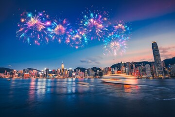 Canvas Print - Fireworks explode over a Hong Kong cityscape at twilight, reflecting in the water.