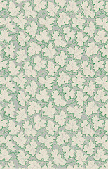 pattern of white leaves with green outlines on a light gray background.