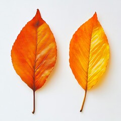 Wall Mural - Two orange and yellow leaves on a white surface