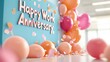 © praewpailyn - Colorful balloons and festive decorations for a work anniversary celebration, creating a joyful and cheerful atmosphere in an office setting.