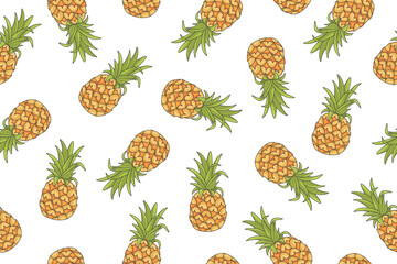 Wall Mural - Seamless pineapple pattern. Color vector illustrations on a white background.