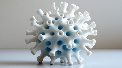 Poster - a white, spiky, 3d printed object with a blue center, sitting on a white surface.