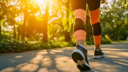 A woman jogging on a road with the sun setting behind her