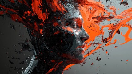 Wall Mural - abstract portrait of a face made of black and orange liquid with a splash effect.