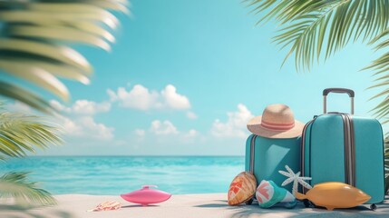 Wall Mural - Two blue suitcases on the white sandy beach with a straw hat and colorful beach toys in front of a turquoise ocean and blue sky.