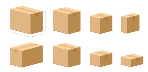 cardboard delivery boxes different sizes set vector icon 3d graphic illustration, carton delivery po