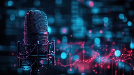 A close-up of a professional microphone with a pop filter in front of a blue and pink bokeh background.