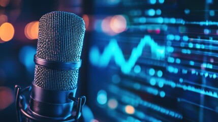 Close-up of a microphone in a recording studio with a computer screen displaying audio waveforms in the background.