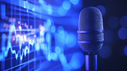 Wall Mural - close up of microphone in front of blue and white graph.