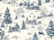 © Sinechana - 2408 26.A seamless vintage winter snow scene pattern in Toile de Jouy style, featuring intricate illustrations of old-fashioned Christmas settings. The pattern includes scenes of snow-covered