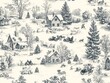 © Sinechana - 2408 26.A seamless vintage winter snow scene pattern in Toile de Jouy style, featuring intricate illustrations of old-fashioned Christmas settings. The pattern includes scenes of snow-covered