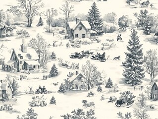 2408 26.A seamless vintage winter snow scene pattern in Toile de Jouy style, featuring intricate illustrations of old-fashioned Christmas settings. The pattern includes scenes of snow-covered