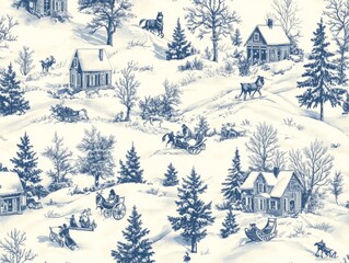 2408 26.A seamless vintage winter snow scene pattern in Toile de Jouy style, featuring intricate illustrations of old-fashioned Christmas settings. The pattern includes scenes of snow-covered