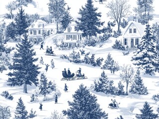 2408 28.A vintage-inspired Christmas Toile de Jouy seamless pattern featuring a winter snow scene with old-fashioned holiday elements, including ornate cottages, sleigh rides, and people gathering