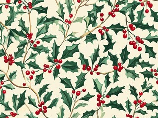 2408 35.A festive holiday design featuring holly branches with red berries, arranged in a delicate pattern. The illustration captures the essence of Christmas, making it ideal for greeting cards,