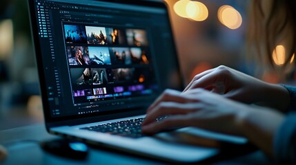 Person's hands typing on a laptop with a video editing software open.