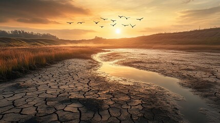 Canvas Print - A Crackled Earth Riverbed With Birds Flying at Sunset