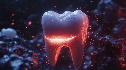 Wall Mural - A glowing tooth with red light emanating from the inside, surrounded by a dark background with scattered blue and red particles.