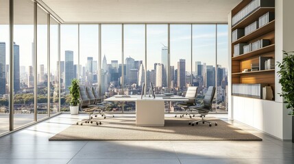 A sleek, contemporary open office with large glass windows offering an expansive city view, clean lines, and modern decor. 3D rendering