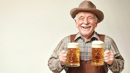 A joyful old man in traditional lederhosen smiles brightly, lifting two frothy beer mugs at a Bavarian-style celebration, radiating merriment and cheer