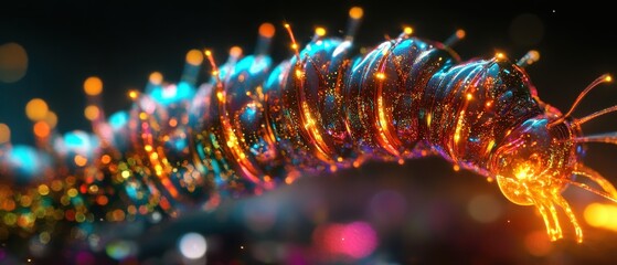 Wall Mural - Vibrant Macro Shot of a Glowing Caterpillar with Colorful Bokeh Background