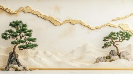 Two Bonsai Trees with Rocks and Gold Accents on a White Wall with White Mountain Landscape.