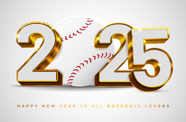 Wall Mural - 3d golden shiny inscription 2025 with textured filling and baseball ball