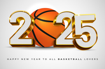 Wall Mural - 3d golden shiny inscription 2025 with textured filling and basketball ball