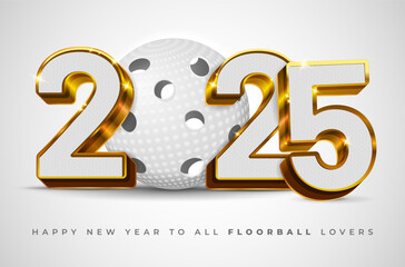 Wall Mural - 3d golden shiny inscription 2025 with textured filling and floorball ball