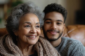 Wall Mural - Cheerful senior woman greets her son who came to visit, Generative AI