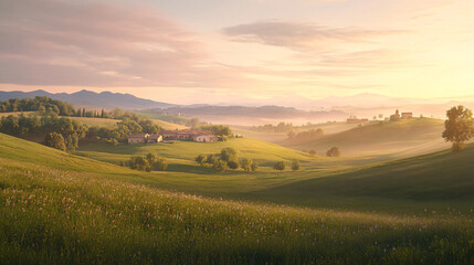 Wall Mural - sunrise over rolling hills in tuscany, italy - golden light landscape photography