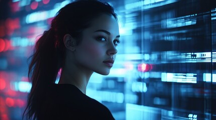 Wall Mural - Young woman with dark hair looking at a blue screen with digital code.
