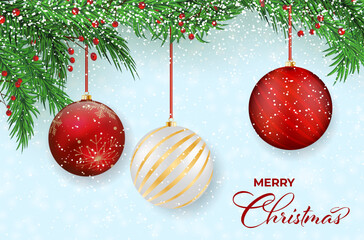 Wall Mural - Christmas background with christmas red, golden and silver balls, spruce twigs, rowan berries and snowflakes