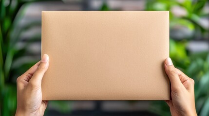 A person holds a beige envelope in front of lush greenery, symbolizing communication and delivery in a modern environment.