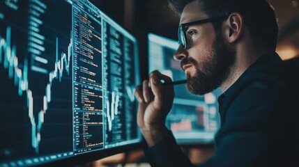 A man in glasses analyzes data and code on his computer screen.