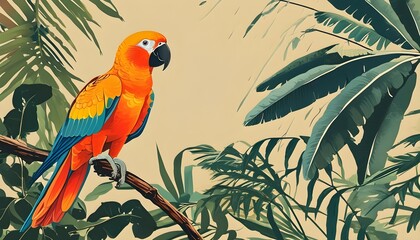 Boho Vintage Illustration of a Parrot Perched Among Rainforest Branches