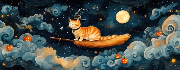 A whimsical cat in a witch hat flies on a broomstick through starry clouds, embodying the spirit of Halloween night.