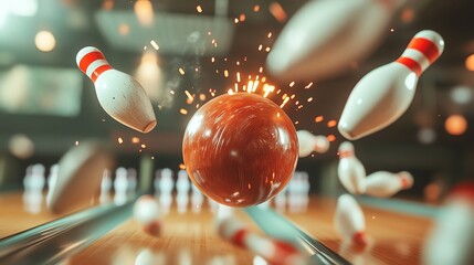 Poster - A bowling ball knocks down pins with sparks flying.