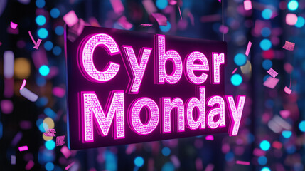 Poster - A glowing Cyber Monday text in the middle of a storm of falling discount coupons, confetti, and digital elements 