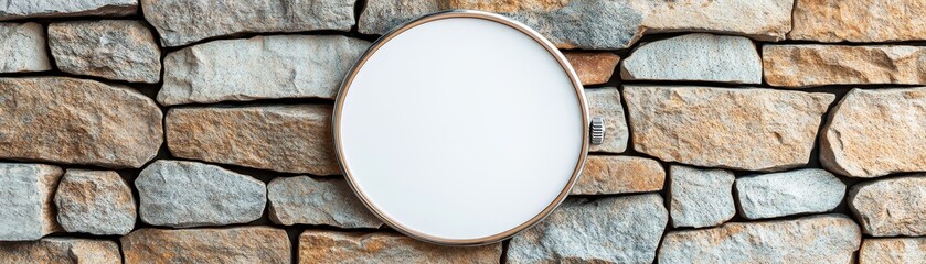 A round white plate against a stone wall background.