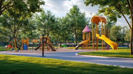 A sunny playground with colorful play equipment and a pathway, set amidst a lush green landscape.