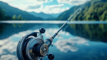 Canvas Print - A fishing rod with a reel sits by a lake with green trees in the background.