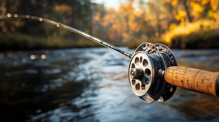 Canvas Print - A fishing rod with a reel sits by a river with green trees in the background.