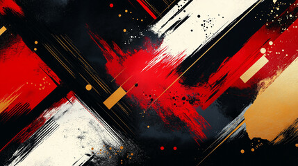 Wall Mural - Black Friday abstract background with dynamic red, black, and gold brushstrokes, and bold geometric shapes, creating a sense of urgency 