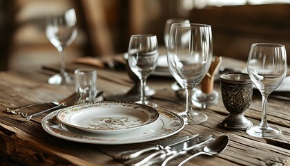 Elegant rustic dining setup for a special occasion with beautiful plates, silverware, and wine glasses